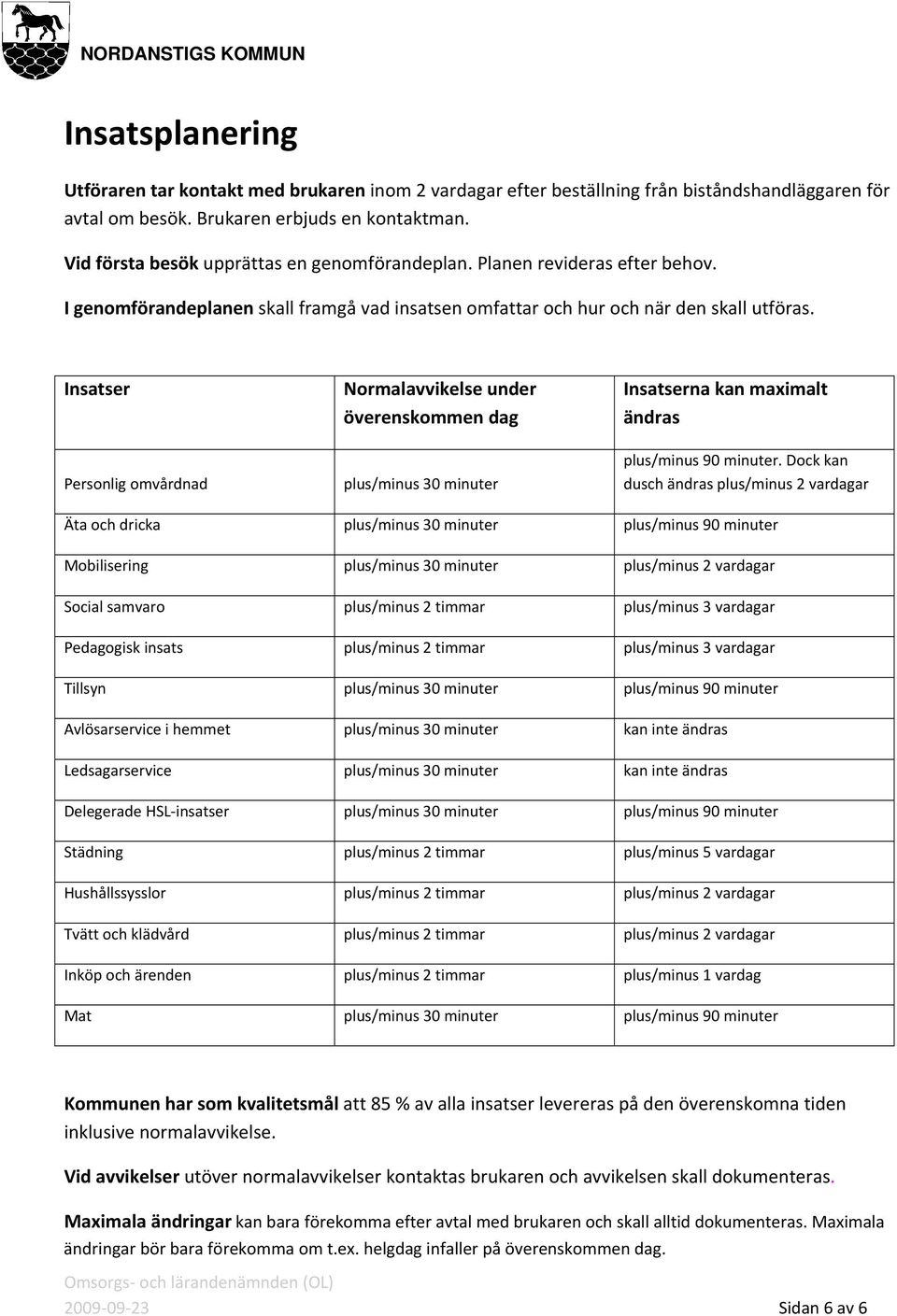 Insatser Personlig omvårdnad Normalavvikelse under överenskommen dag plus/minus 30 minuter Insatserna kan maximalt ändras plus/minus 90 minuter.