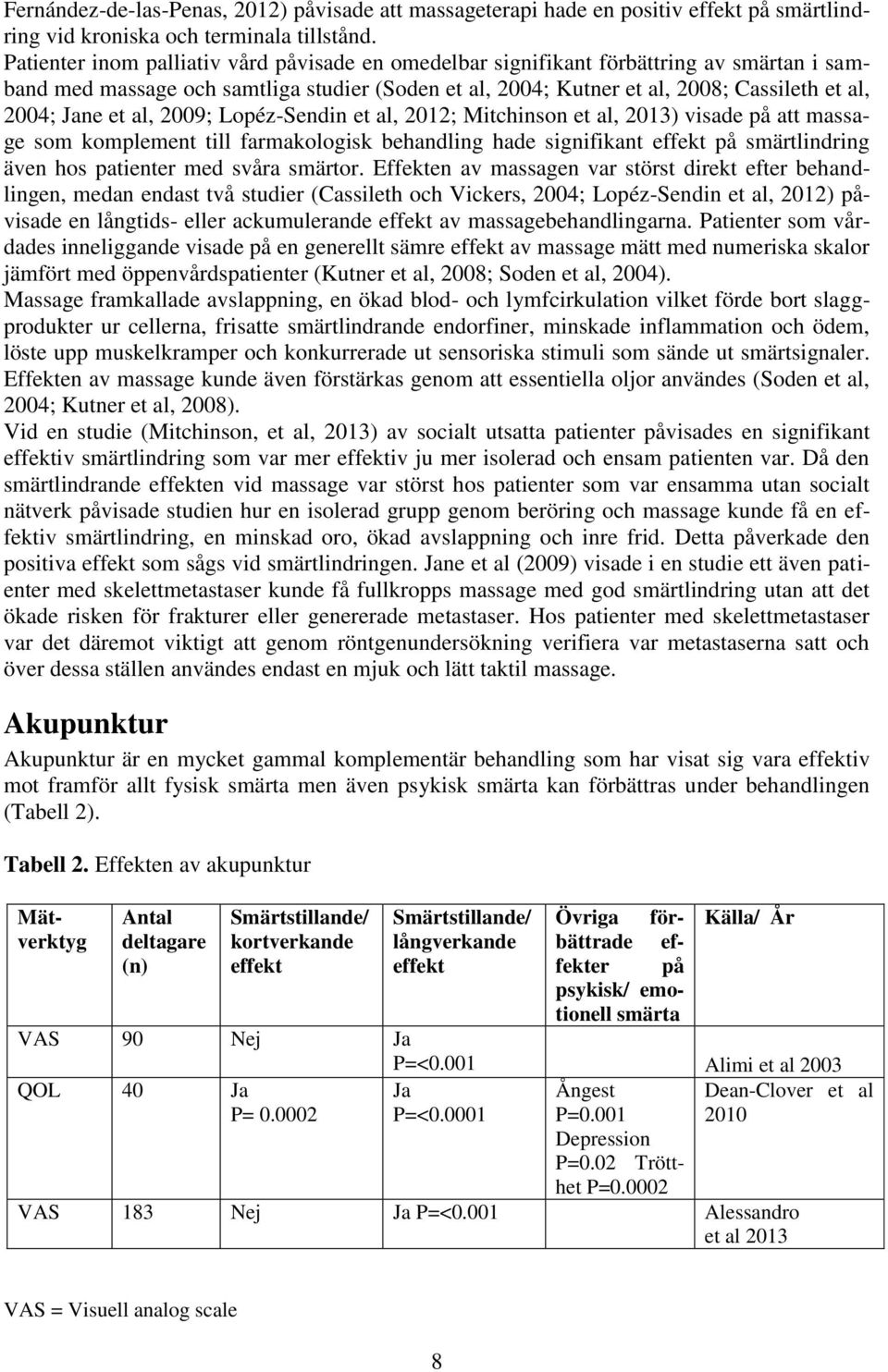 et al, 2009; Lopéz-Sendin et al, 2012; Mitchinson et al, 2013) visade på att massage som komplement till farmakologisk behandling hade signifikant effekt på smärtlindring även hos patienter med svåra