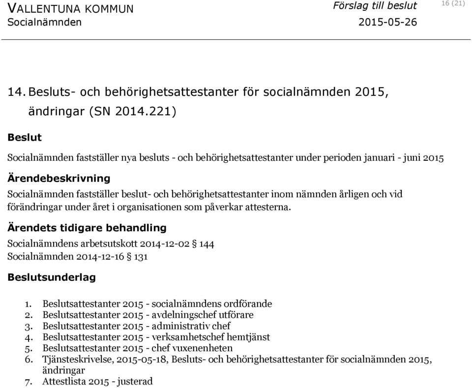 förändringar under året i organisationen som påverkar attesterna. Socialnämndens arbetsutskott 2014-12-02 144 Socialnämnden 2014-12-16 131 sunderlag 1.