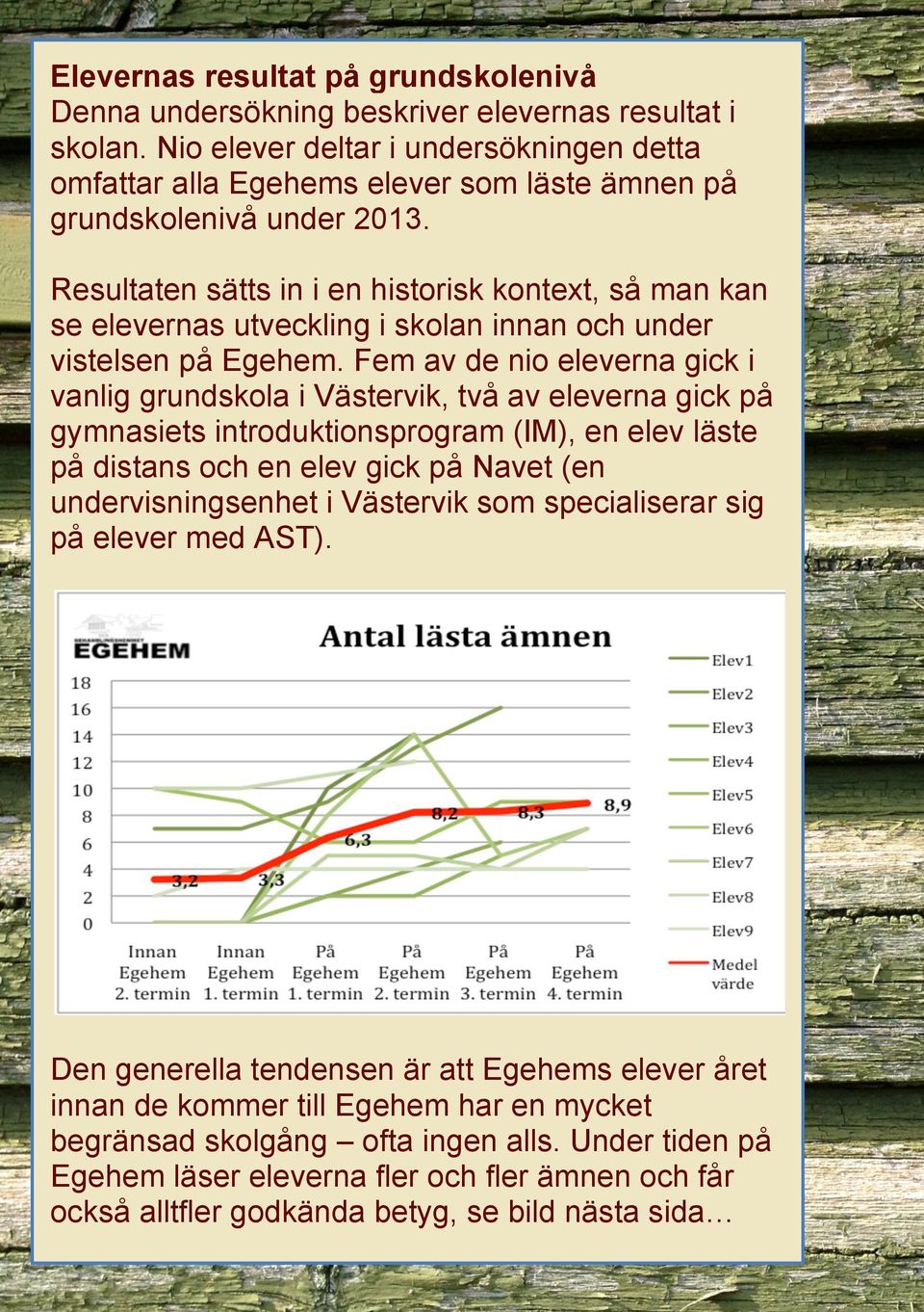 Resultaten sätts in i en historisk kontext, så man kan se elevernas utveckling i skolan innan och under vistelsen på Egehem.