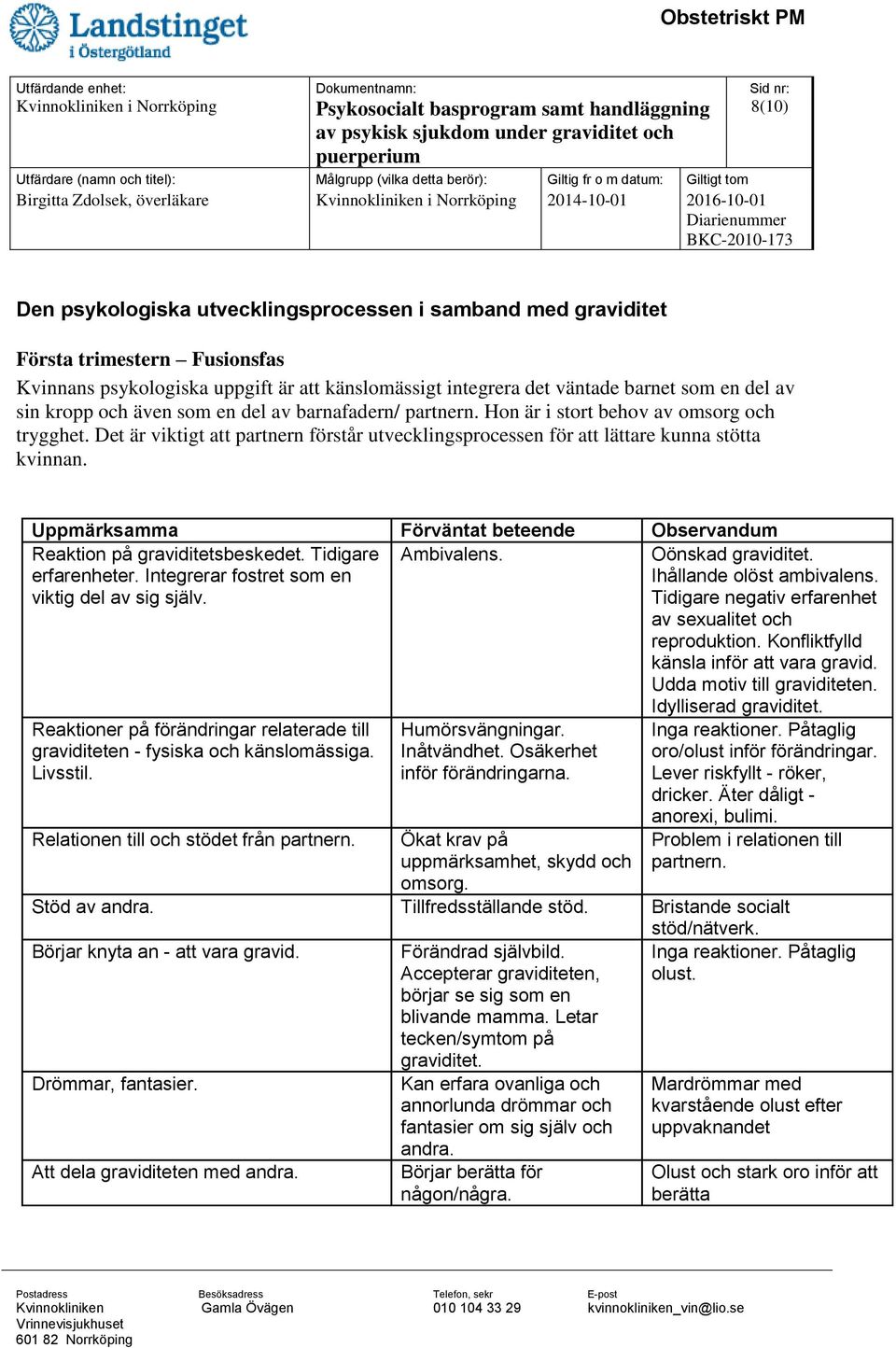 Uppmärksamma Förväntat beteende Observandum Reaktion på graviditetsbeskedet. Tidigare erfarenheter. Integrerar fostret som en viktig del av sig själv. Ambivalens. Oönskad graviditet.