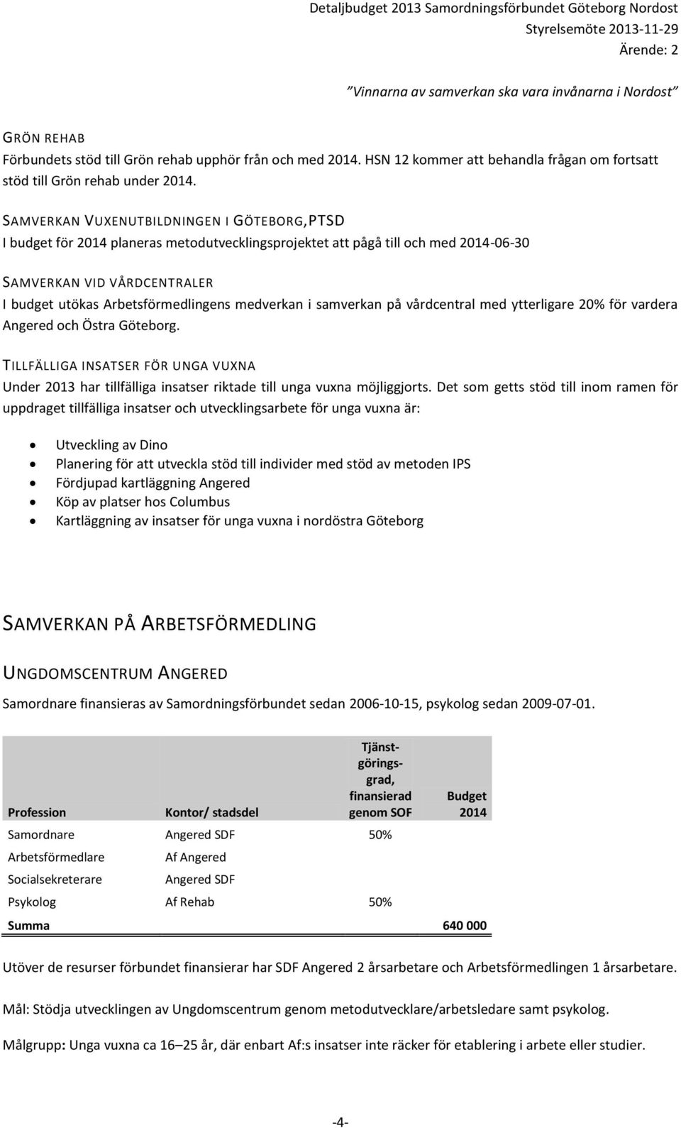 samverkan på vårdcentral med ytterligare 20% för vardera Angered och Östra Göteborg. TILLFÄLLIGA INSATSER FÖR UNGA VUXNA Under 2013 har tillfälliga insatser riktade till unga vuxna möjliggjorts.