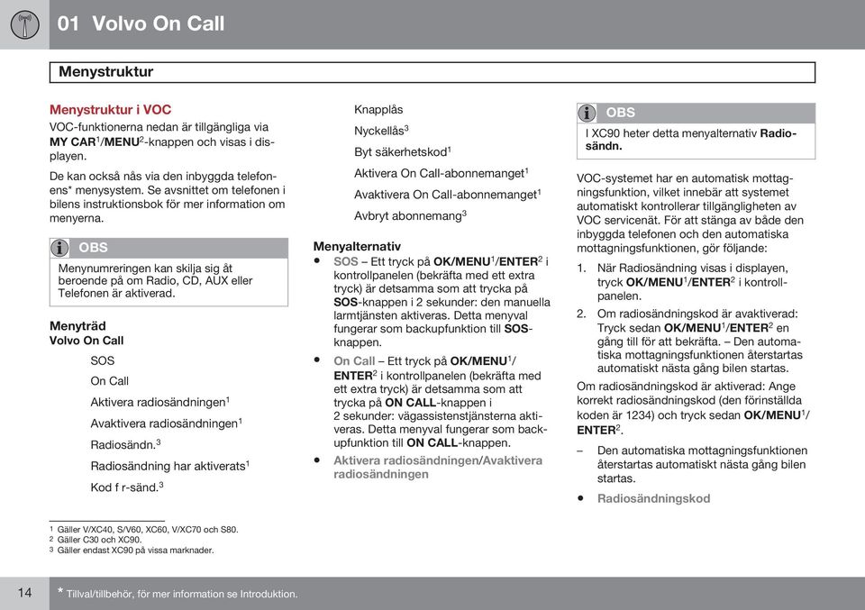 Menyträd Volvo On Call SOS On Call Aktivera radiosändningen 1 Avaktivera radiosändningen 1 Radiosändn. 3 Radiosändning har aktiverats 1 Kod f r-sänd.