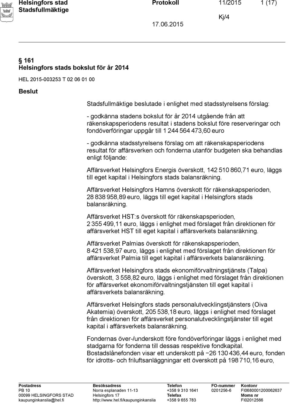 räkenskapsperiodens resultat för affärsverken och fonderna utanför budgeten ska behandlas enligt följande: Affärsverket Helsingfors Energis överskott, 142 510 860,71 euro, läggs till eget kapital i