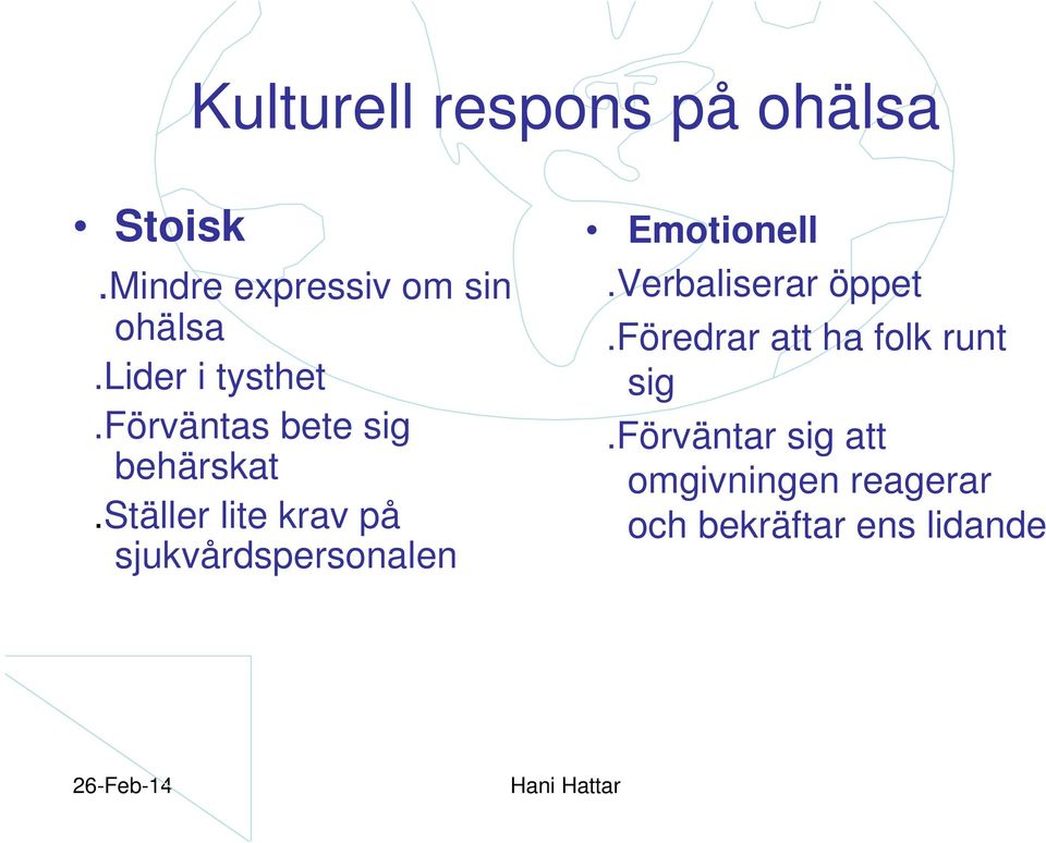 ställer lite krav på sjukvårdspersonalen Emotionell.Verbaliserar öppet.