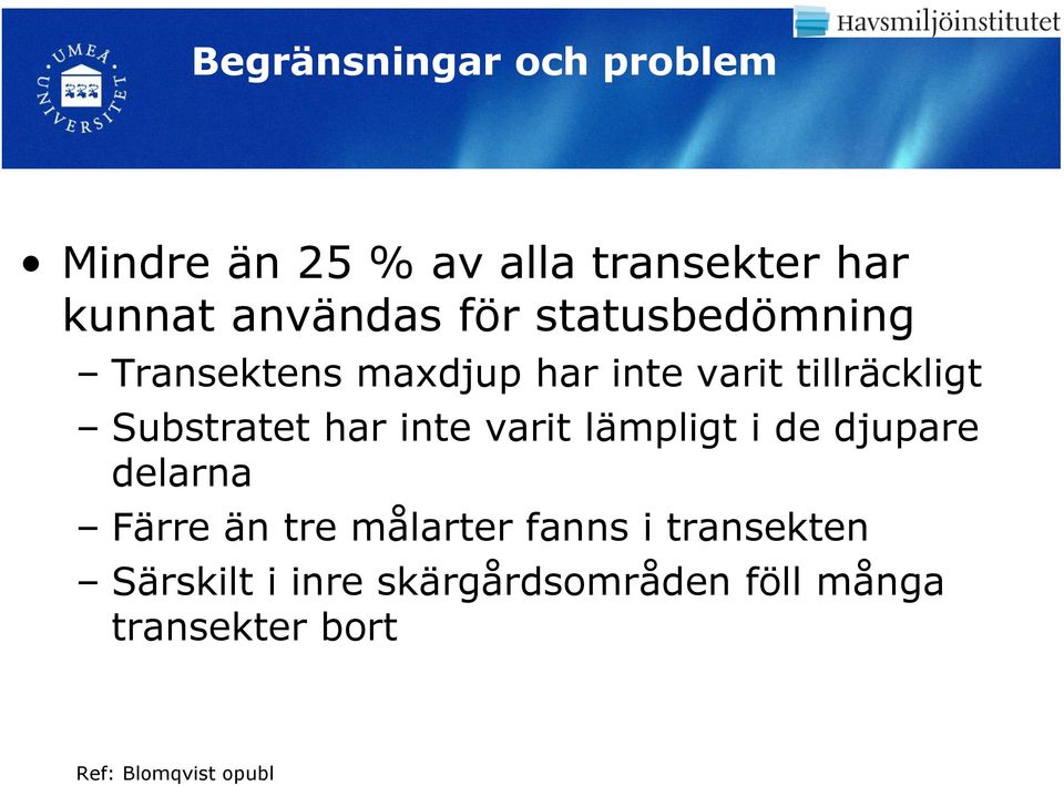 har inte varit lämpligt i de djupare delarna Färre än tre målarter fanns i