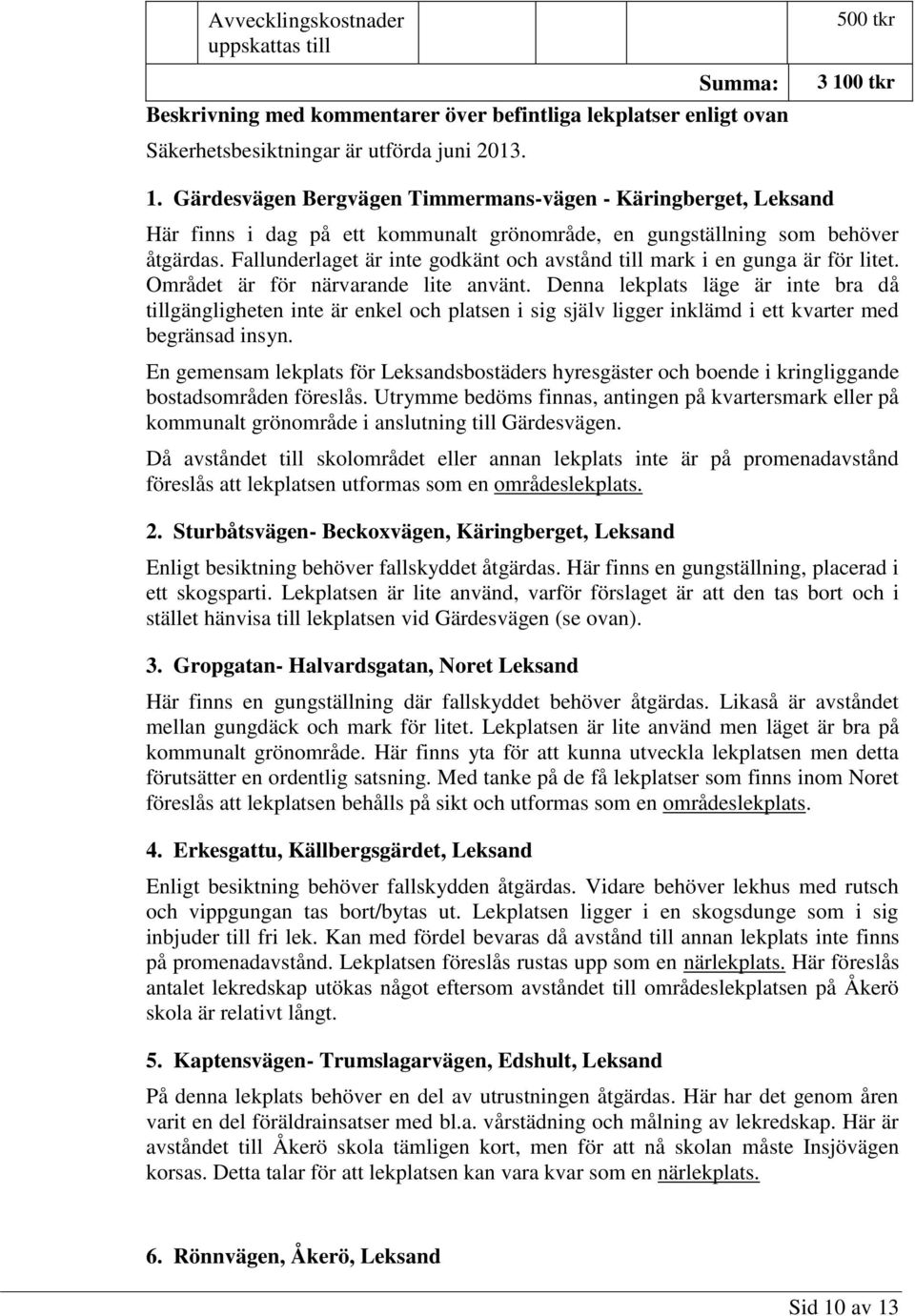 Fallunderlaget är inte godkänt och avstånd till mark i en gunga är för litet. Området är för närvarande lite använt.
