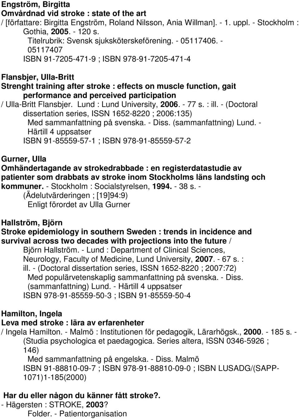 - 05117407 ISBN 91-7205-471-9 ; ISBN 978-91-7205-471-4 Flansbjer, Ulla-Britt Strenght training after stroke : effects on muscle function, gait performance and perceived participation / Ulla-Britt
