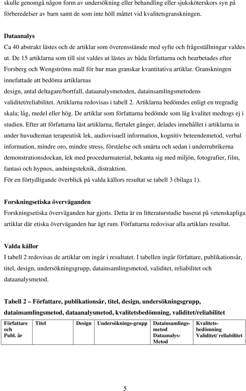 De 15 artiklarna som till sist valdes ut lästes av båda författarna och bearbetades efter Forsberg och Wengströms mall för hur man granskar kvantitativa artiklar.