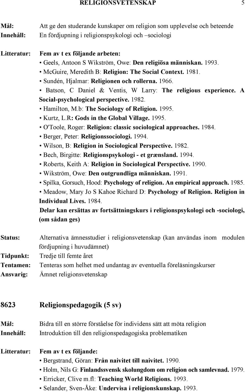Batson, C Daniel & Ventis, W Larry: The religious experience. A Social-psychological perspective. 1982. Hamilton, M.b: The Sociology of Religion. 1995.