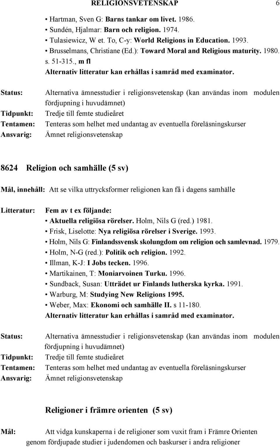 Alternativa ämnesstudier i religionsvetenskap (kan användas inom modulen fördjupning i huvudämnet) Tredje till femte studieåret Tenteras som helhet med undantag av eventuella föreläsningskurser 8624