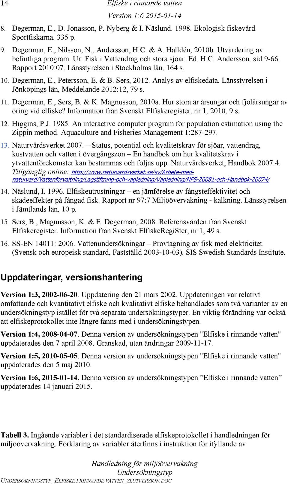 Sers, 2012. Analys av elfiskedata. Länsstyrelsen i Jönköpings län, Meddelande 2012:12, 79 s. 11. Degerman, E., Sers, B. & K. Magnusson, 2010a.