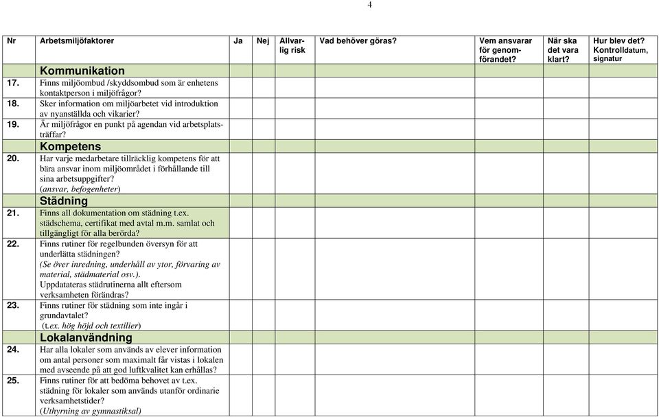 (ansvar, befogenheter) Städning 21. Finns all dokumentation om städning t.ex. städschema, certifikat med avtal m.m. samlat och tillgängligt för alla berörda? 22.