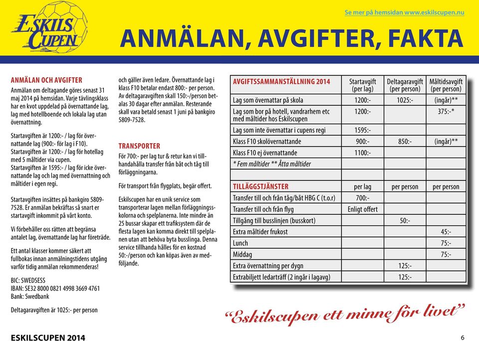 Startavgiften är 1200:- / lag för hotellag med 5 måltider via cupen. Startavgiften är 1595:- / lag för icke övernattande lag och lag med övernattning och måltider i egen regi.