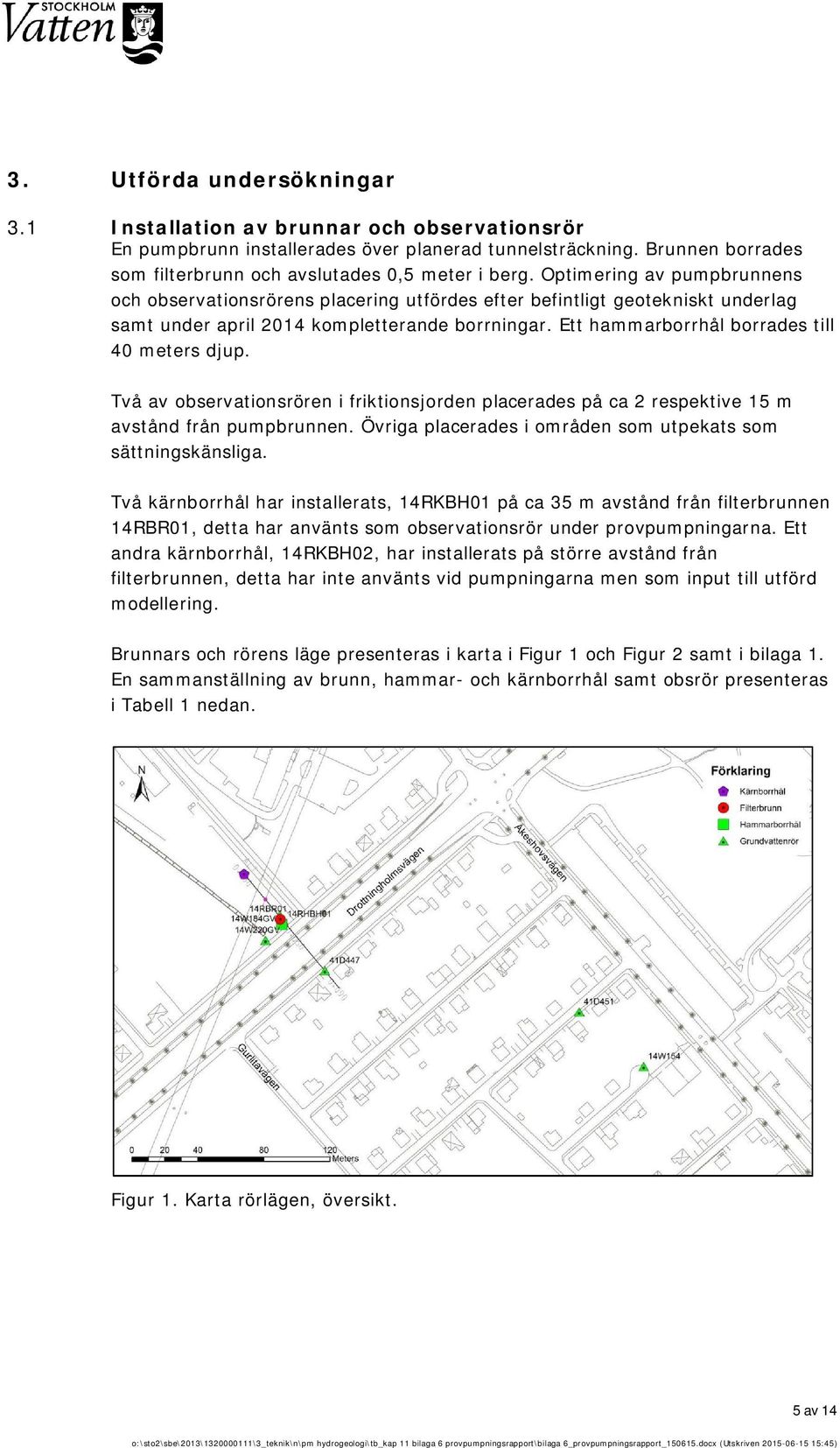 Ett hammarborrhål borrades till 40 meters djup. Två av observationsrören i friktionsjorden placerades på ca 2 respektive 15 m avstånd från pumpbrunnen.