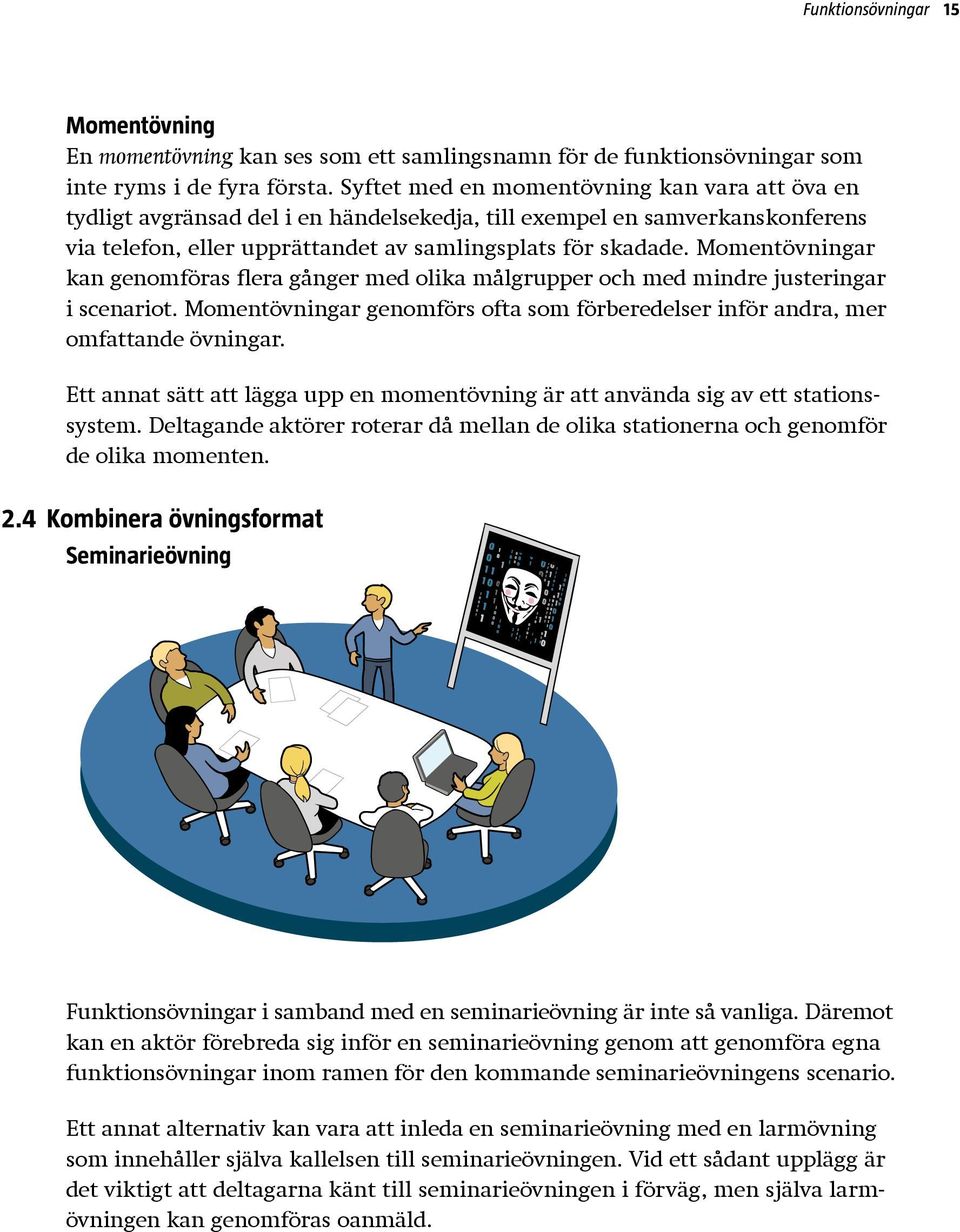 Momentövningar kan genomföras flera gånger med olika målgrupper och med mindre justeringar i scenariot. Momentövningar genomförs ofta som förberedelser inför andra, mer omfattande övningar.