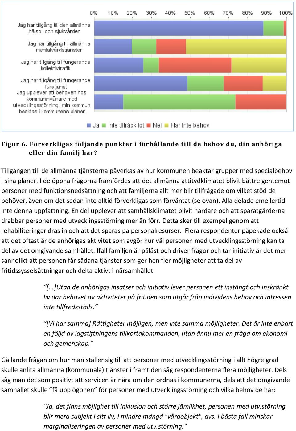 I de öppna frågorna framfördes att det allmänna attitydklimatet blivit bättre gentemot personer med funktionsnedsättning och att familjerna allt mer blir tillfrågade om vilket stöd de behöver, även