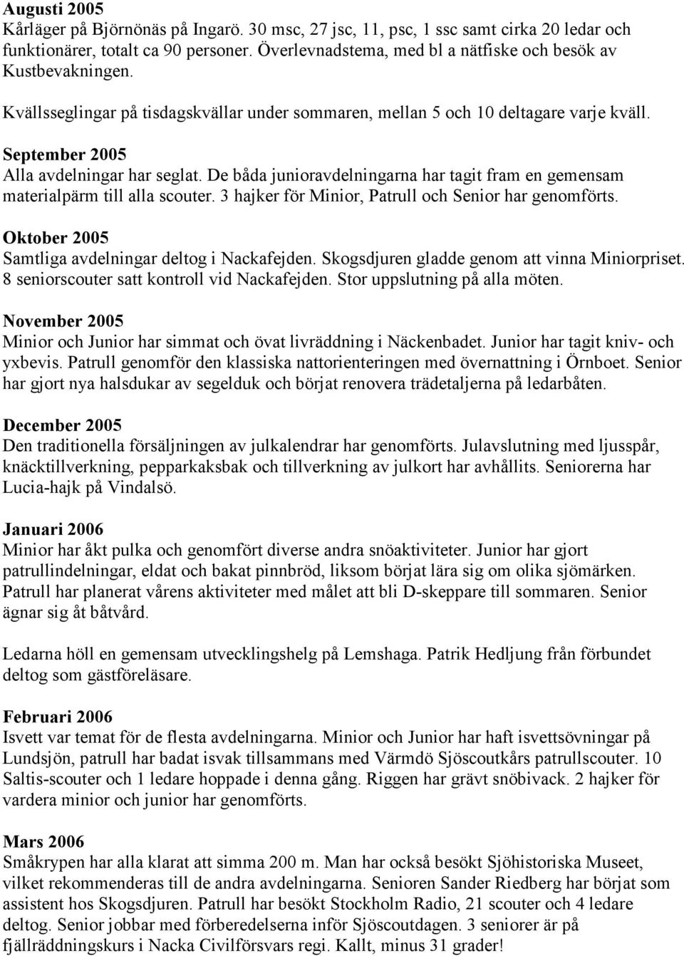 De båda junioravdelningarna har tagit fram en gemensam materialpärm till alla scouter. 3 hajker för Minior, Patrull och Senior har genomförts. Oktober 2005 Samtliga avdelningar deltog i Nackafejden.