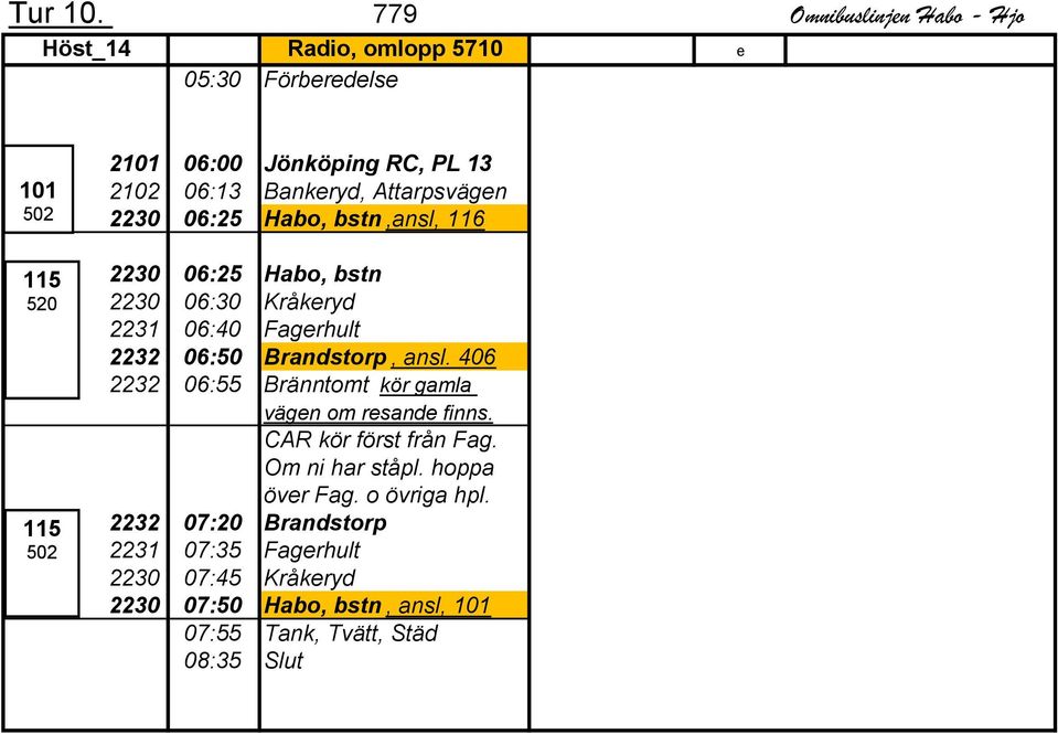 Bankeryd, Attarpsvägen 2230 06:25 Habo, bstn,ansl, 2230 06:25 Habo, bstn 2230 06:30 Kråkeryd 2231 06:40 Fagerhult 2232 06:50