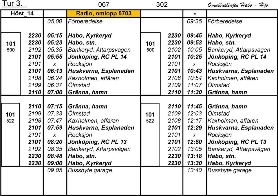 2102 05:35 Bankeryd, Attarpsvägen 500 2102 10:05 Bankeryd, Attarpsvägen 2 05:55 Jönköping, RC PL 14 2 10:25 Jönköping, RC PL 14 2 x Rocksjön 2 x Rocksjön 2 06:13 Huskvarna, Esplanaden 2 10:43