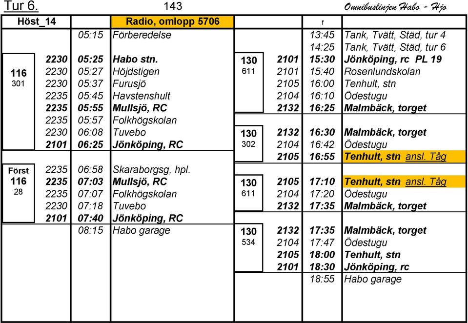 2132 16:25 Malmbäck, torget 2235 05:57 Folkhögskolan 2230 06:08 Tuvebo 130 2132 16:30 Malmbäck, torget 2 06:25 Jönköping, RC 302 2104 16:42 Ödestugu 2105 16:55 Tenhult, stn ansl.