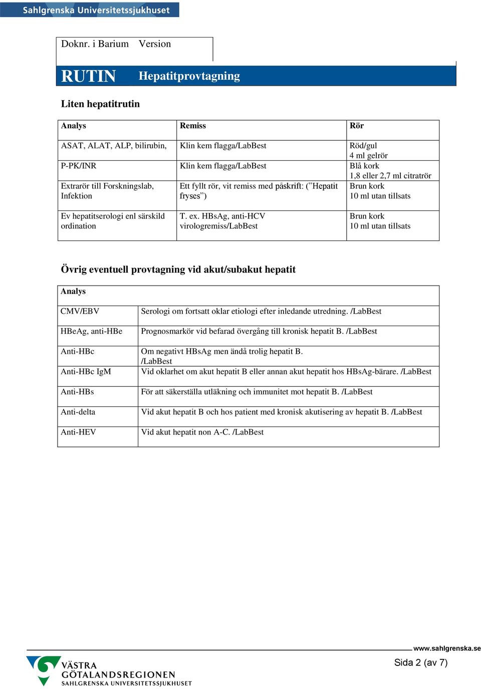 HBsAg, anti-hcv virologremiss/labbest Övrig eventuell provtagning vid akut/subakut hepatit Analys CMV/EBV HBeAg, anti-hbe Serologi om fortsatt oklar etiologi efter inledande utredning.