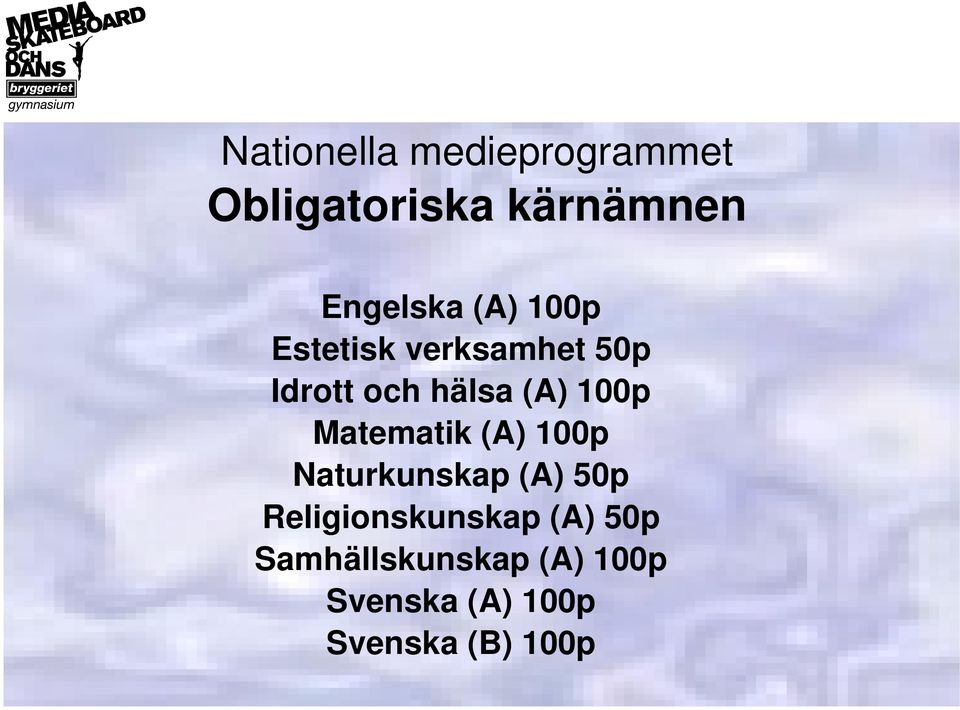 Matematik (A) 100p Naturkunskap (A) 50p Religionskunskap (A)