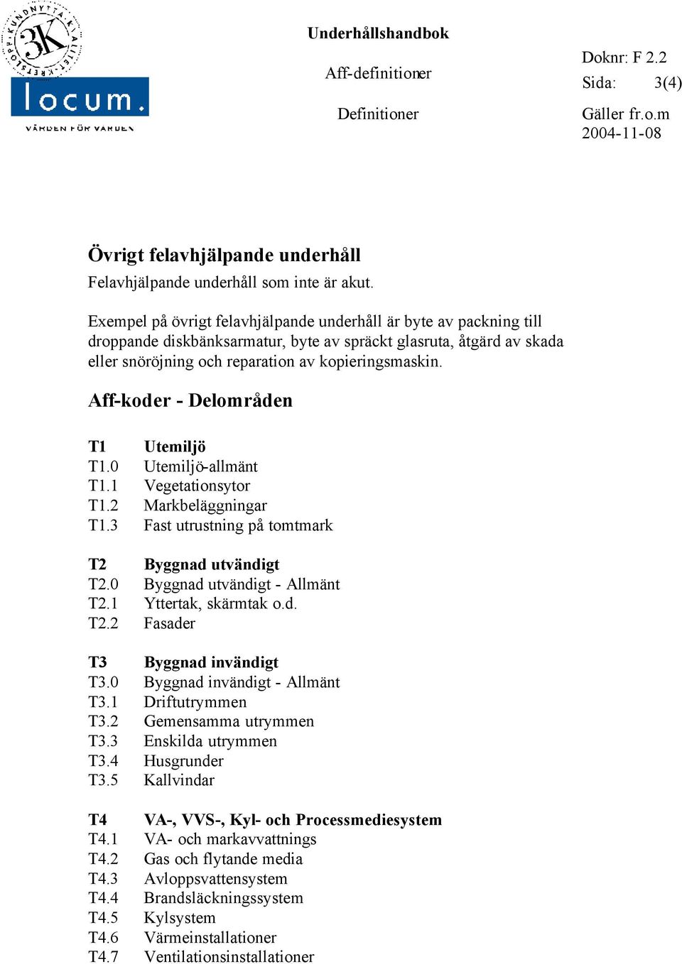 Aff-koder - Delområden T1 Utemiljö T1.0 Utemiljö-allmänt T1.1 Vegetationsytor T1.2 Markbeläggningar T1.3 Fast utrustning på tomtmark T2 Byggnad utvändigt T2.0 Byggnad utvändigt - Allmänt T2.