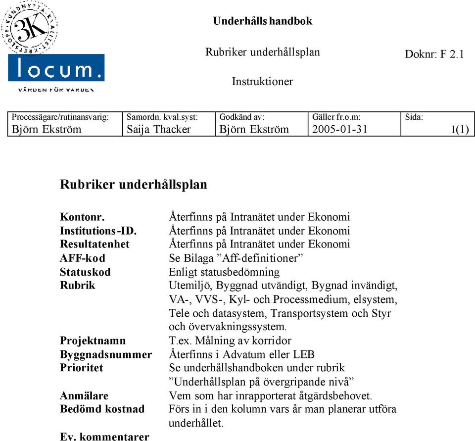 kommentarer Återfinns på Intranätet under Ekonomi Återfinns på Intranätet under Ekonomi Återfinns på Intranätet under Ekonomi Se Bilaga Aff-definitioner Enligt statusbedömning Utemiljö, Byggnad