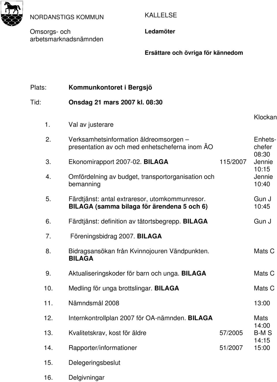 Omfördelning av budget, transportorganisation och bemanning 10:15 Jennie 10:40 5. Färdtjänst: antal extraresor, utomkommunresor. BILAGA (samma bilaga för ärendena 5 och 6) Gun J 10:45 6.