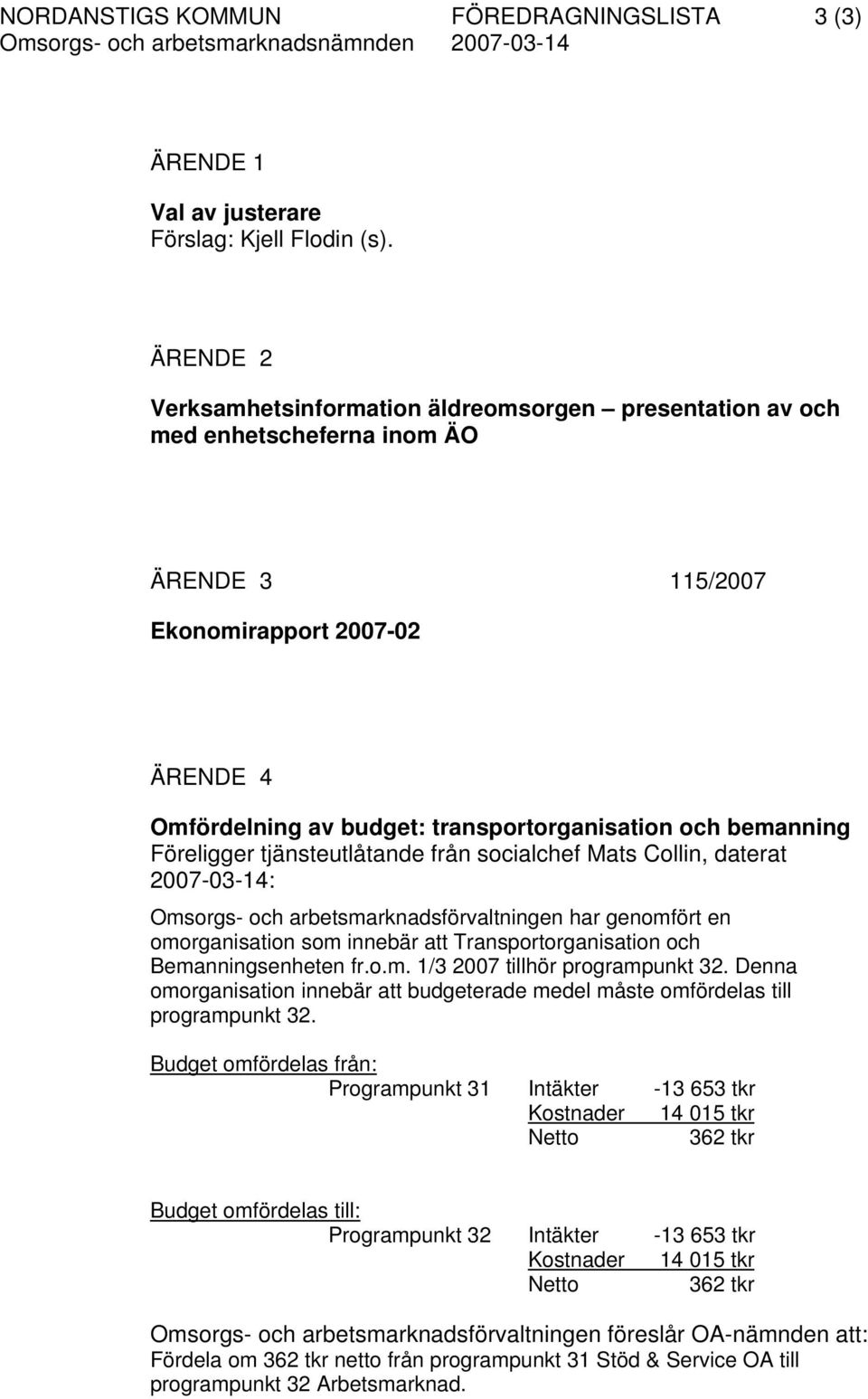 bemanning Föreligger tjänsteutlåtande från socialchef Mats Collin, daterat 2007-03-14: Omsorgs- och arbetsmarknadsförvaltningen har genomfört en omorganisation som innebär att Transportorganisation