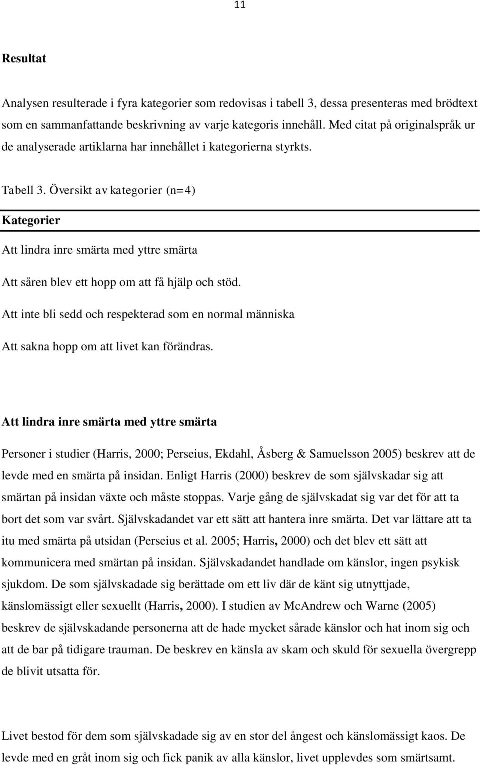 Översikt av kategorier (n=4) Kategorier Att lindra inre smärta med yttre smärta Att såren blev ett hopp om att få hjälp och stöd.