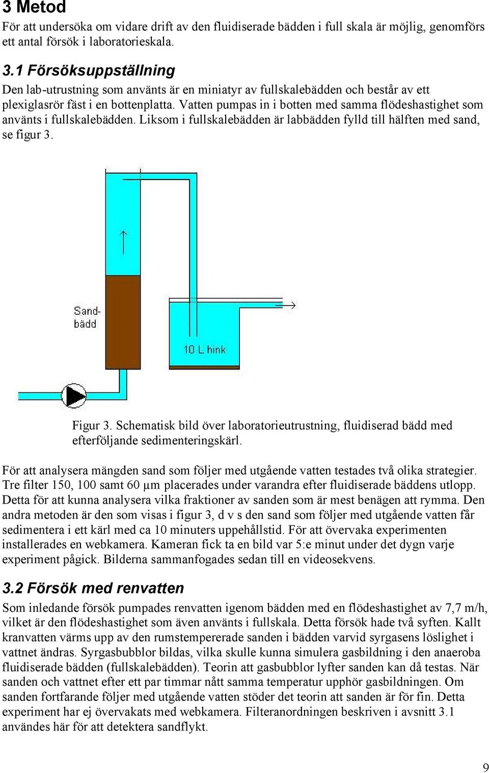 Vatten pumpas in i botten med samma flödeshastighet som använts i fullskalebädden. Liksom i fullskalebädden är labbädden fylld till hälften med sand, se figur 3. Figur 3.