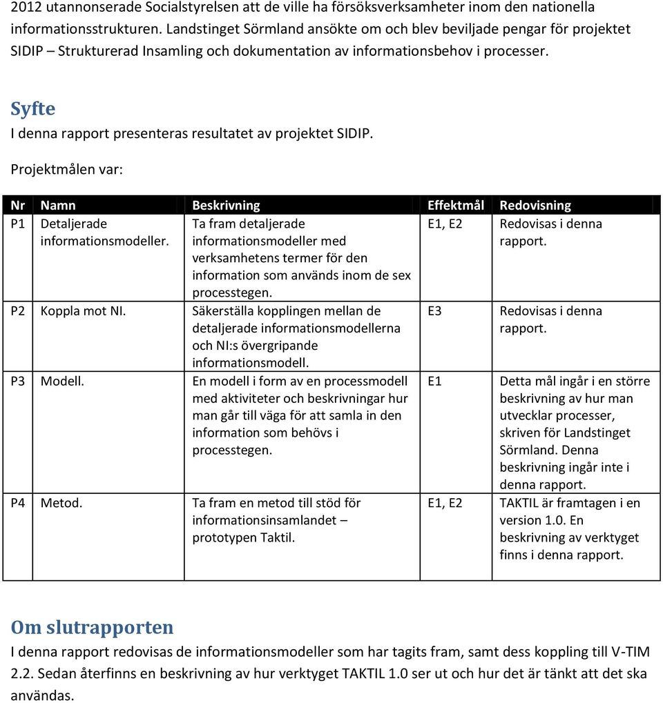 Syfte I denna rapport presenteras resultatet av projektet SIDIP. Projektmålen var: Nr Namn Beskrivning Effektmål Redovisning P1 Detaljerade informationsmodeller.