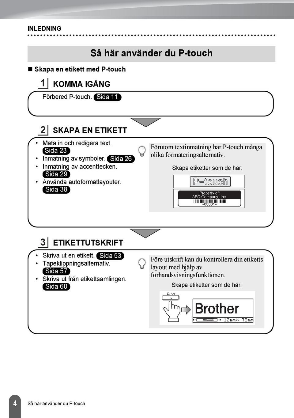 Sida Förutom textinmatning har P-touch många olika formateringsalternativ. Skapa etiketter som de här: ETIKETTUTSKRIFT Skriva ut en etikett.