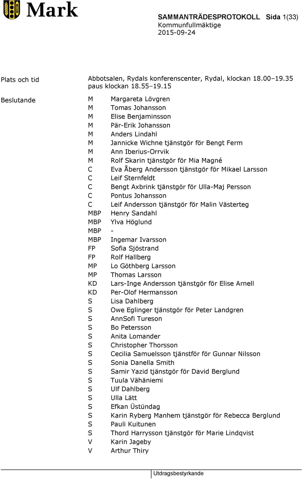 för Mia Magné C Eva Åberg Andersson tjänstgör för Mikael Larsson C Leif Sternfeldt C Bengt Axbrink tjänstgör för Ulla-Maj Persson C Pontus Johansson C Leif Andersson tjänstgör för Malin Västerteg MBP