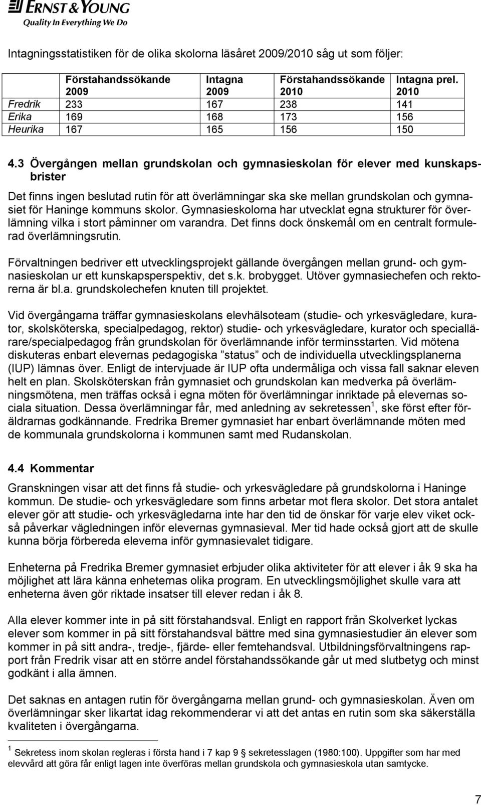 3 Övergången mellan grundskolan och gymnasieskolan för elever med kunskapsbrister Det finns ingen beslutad rutin för att överlämningar ska ske mellan grundskolan och gymnasiet för Haninge kommuns
