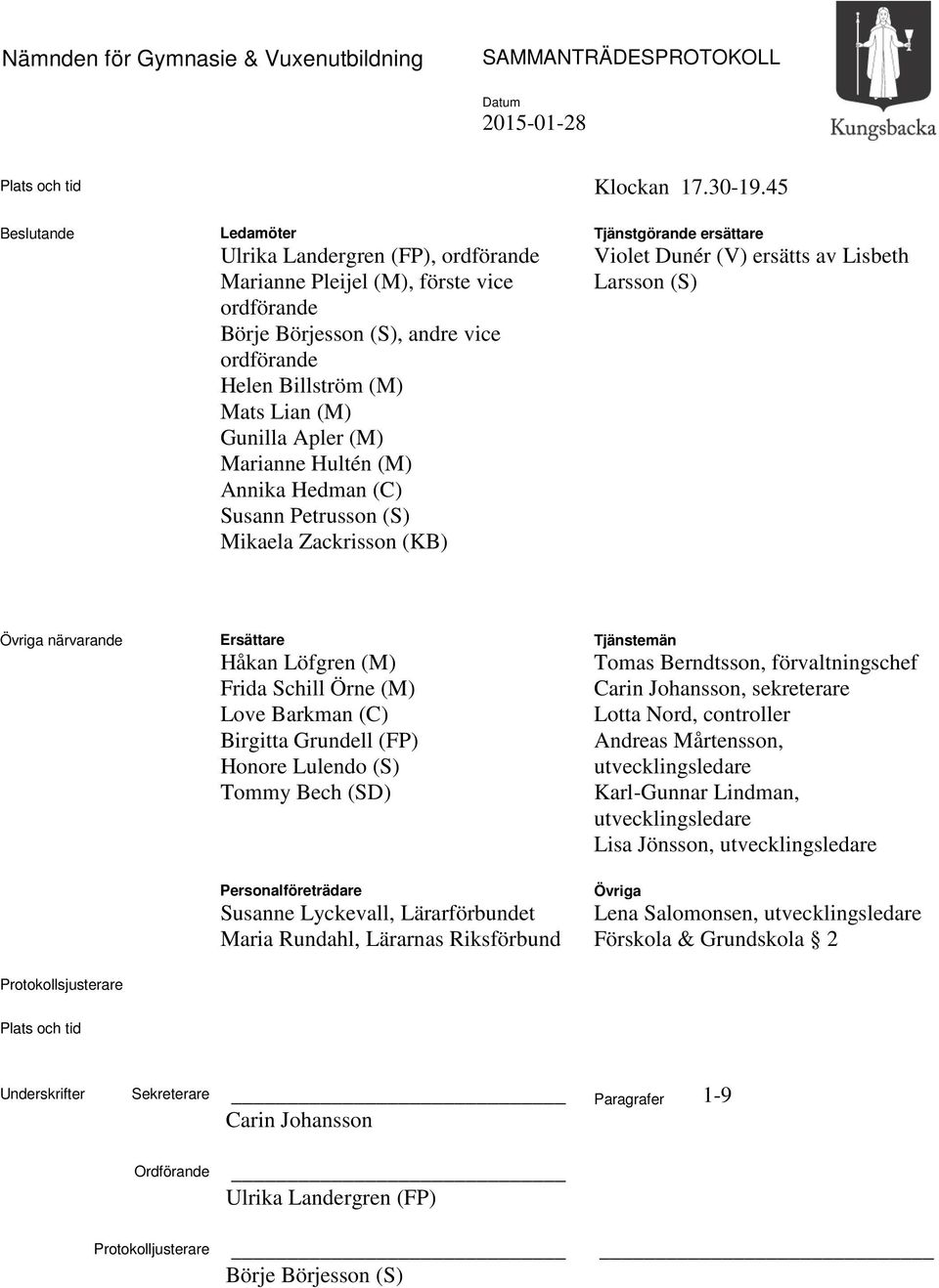 Marianne Hultén (M) Annika Hedman (C) Susann Petrusson (S) Mikaela Zackrisson (KB) Tjänstgörande ersättare Violet Dunér (V) ersätts av Lisbeth Larsson (S) Övriga närvarande Ersättare Håkan Löfgren