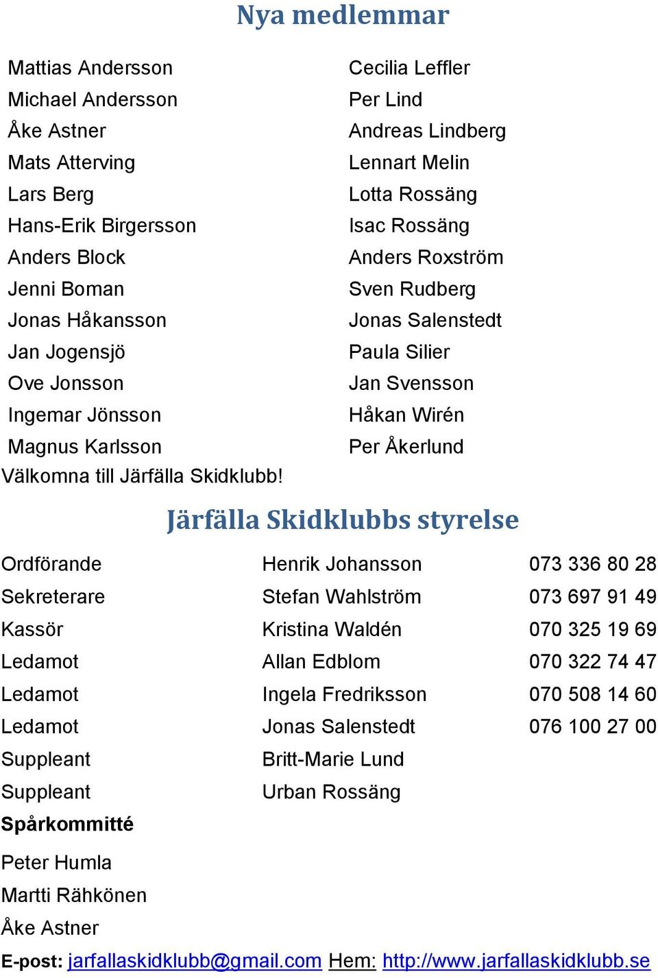 Cecilia Leffler Per Lind Andreas Lindberg Lennart Melin Lotta Rossäng Isac Rossäng Anders Roxström Sven Rudberg Jonas Salenstedt Paula Silier Jan Svensson Håkan Wirén Per Åkerlund Järfälla Skidklubbs