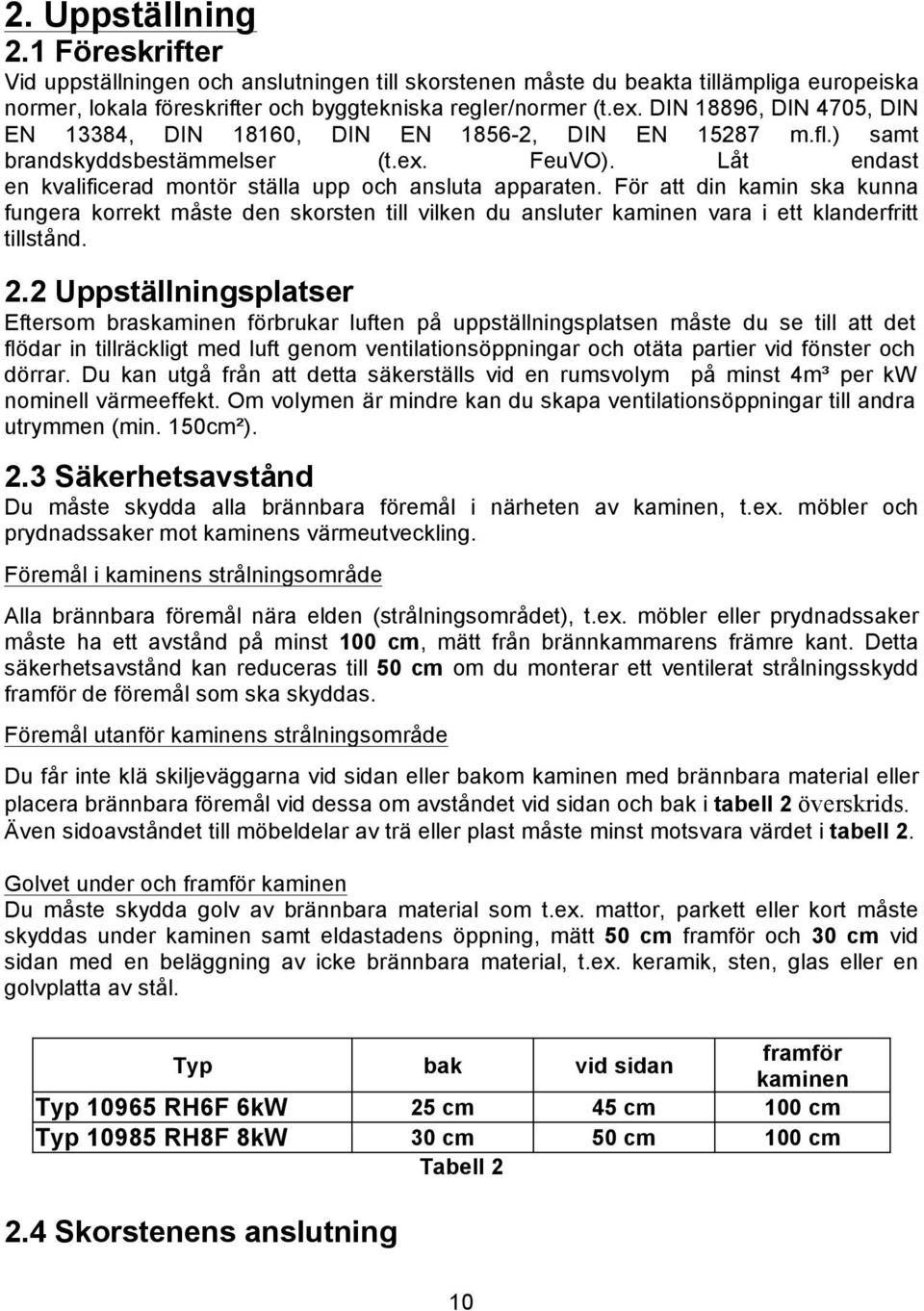 För att din kamin ska kunna fungera korrekt måste den skorsten till vilken du ansluter kaminen vara i ett klanderfritt tillstånd. 2.