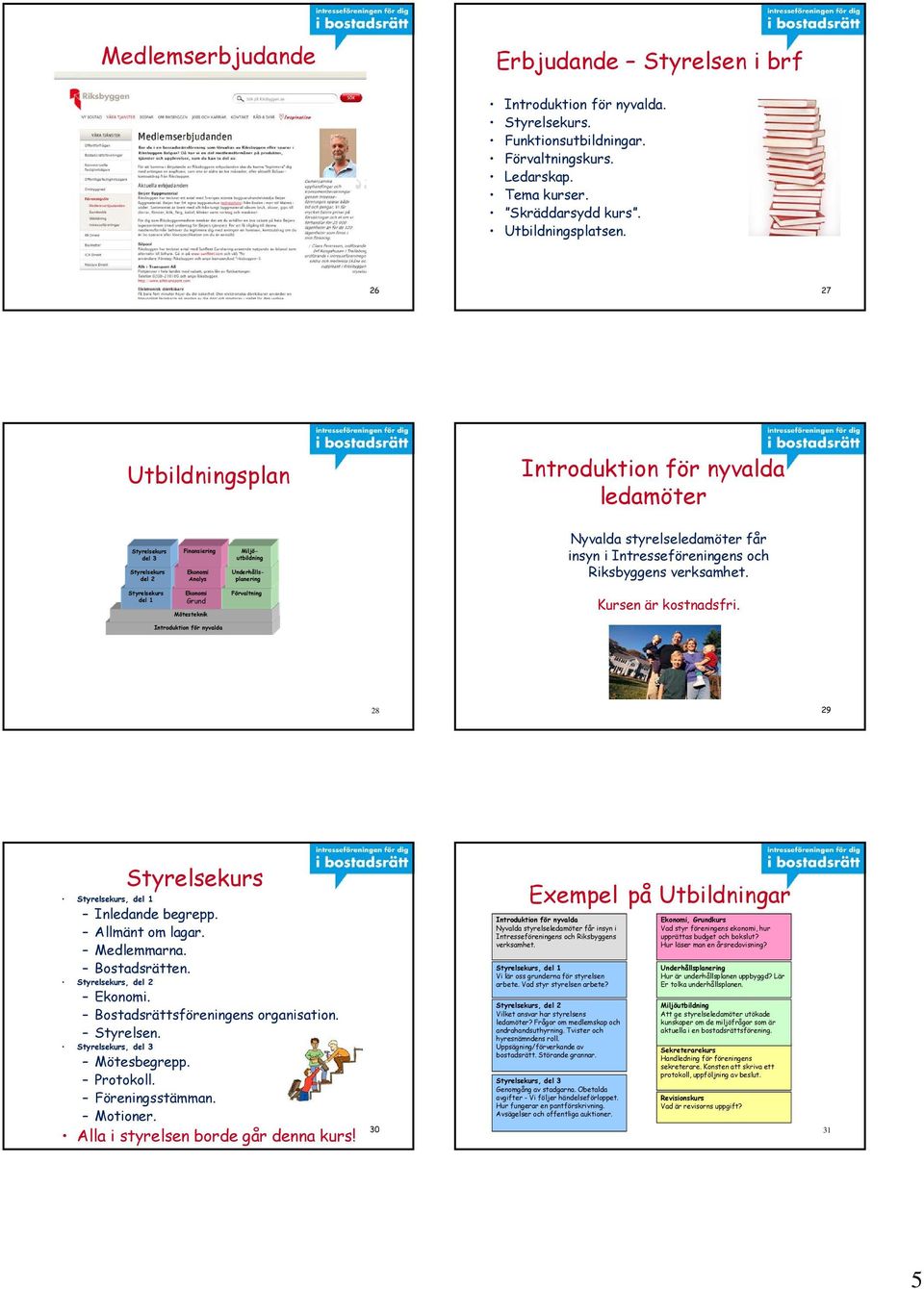 Intresseföreningens och Riksbyggens verksamhet. Styrelsekurs del 1 Ekonomi Grund Mötesteknik Förvaltning Kursen är kostnadsfri.