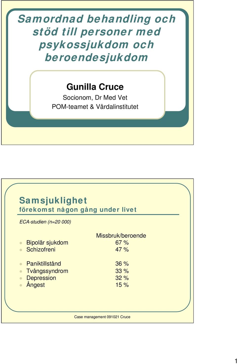 förekomst någon gång under livet ECA-studien (n=20 000) Missbruk/beroende Bipolär