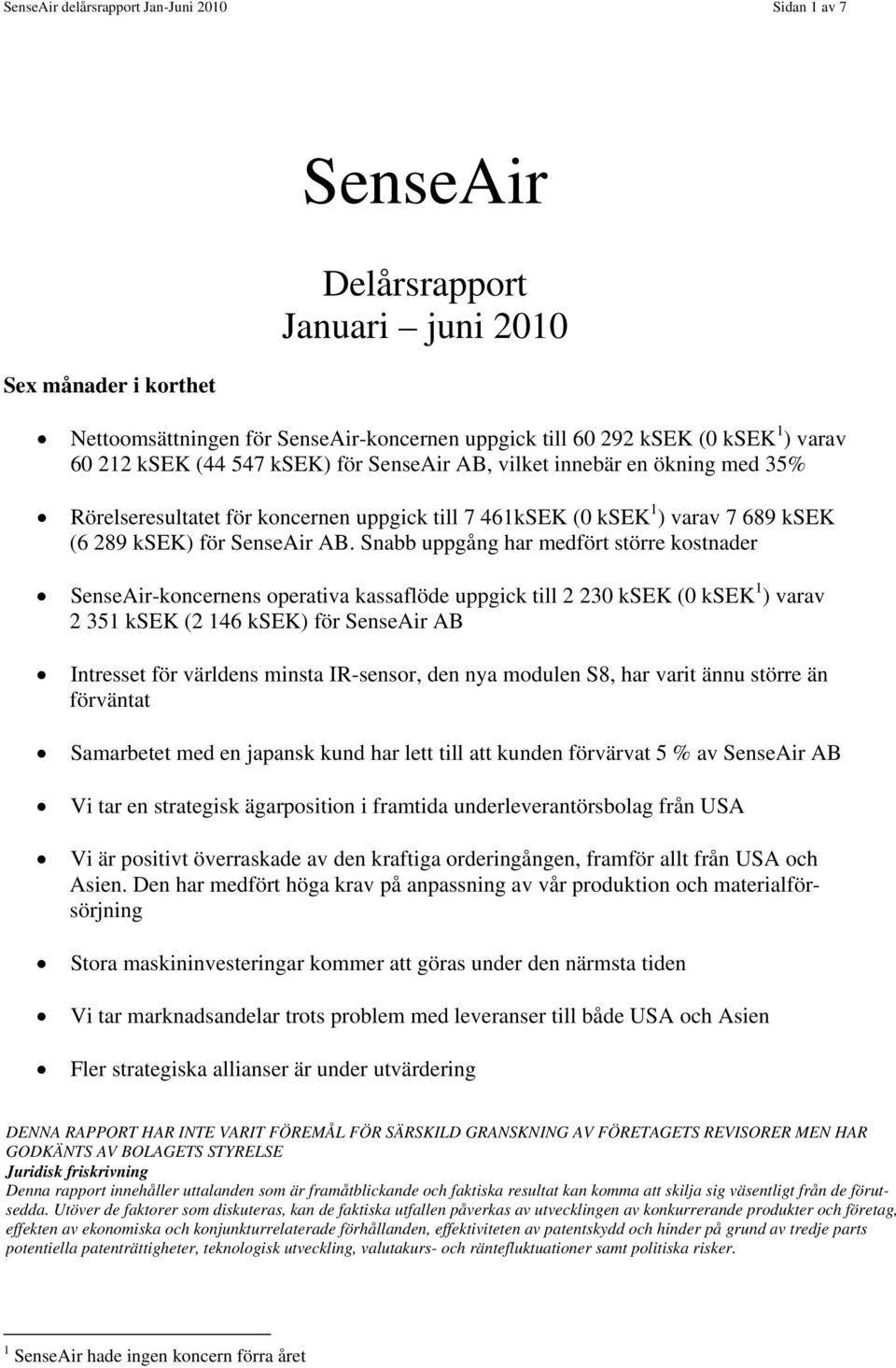Snabb uppgång har medfört större kostnader SenseAir-koncernens operativa kassaflöde uppgick till 2 230 ksek (0 ksek 1 ) varav 2 351 ksek (2 146 ksek) för SenseAir AB Intresset för världens minsta