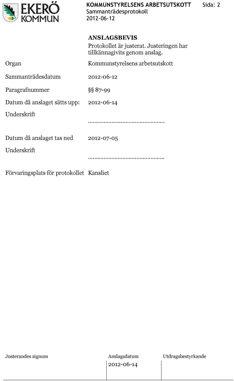 Organ Sammanträdesdatum Paragrafnummer Kommunstyrelsens arbetsutskott 87-99 Datum