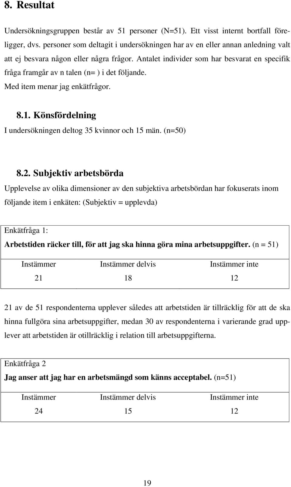 Antalet individer som har besvarat en specifik fråga framgår av n talen (n= ) i det följande. Med item menar jag enkätfrågor. 8.1. Könsfördelning I undersökningen deltog 35 kvinnor och 15 män.