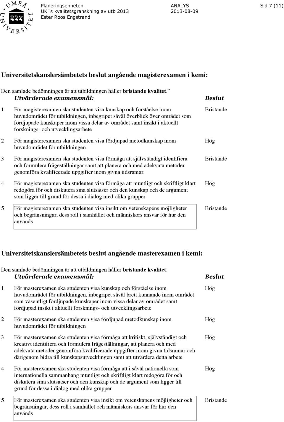 insikt i aktuellt forsknings- och utvecklingsarbete 2 För magisterexamen ska studenten visa fördjupad metodkunskap inom huvudområdet för utbildningen 3 För magisterexamen ska studenten visa förmåga