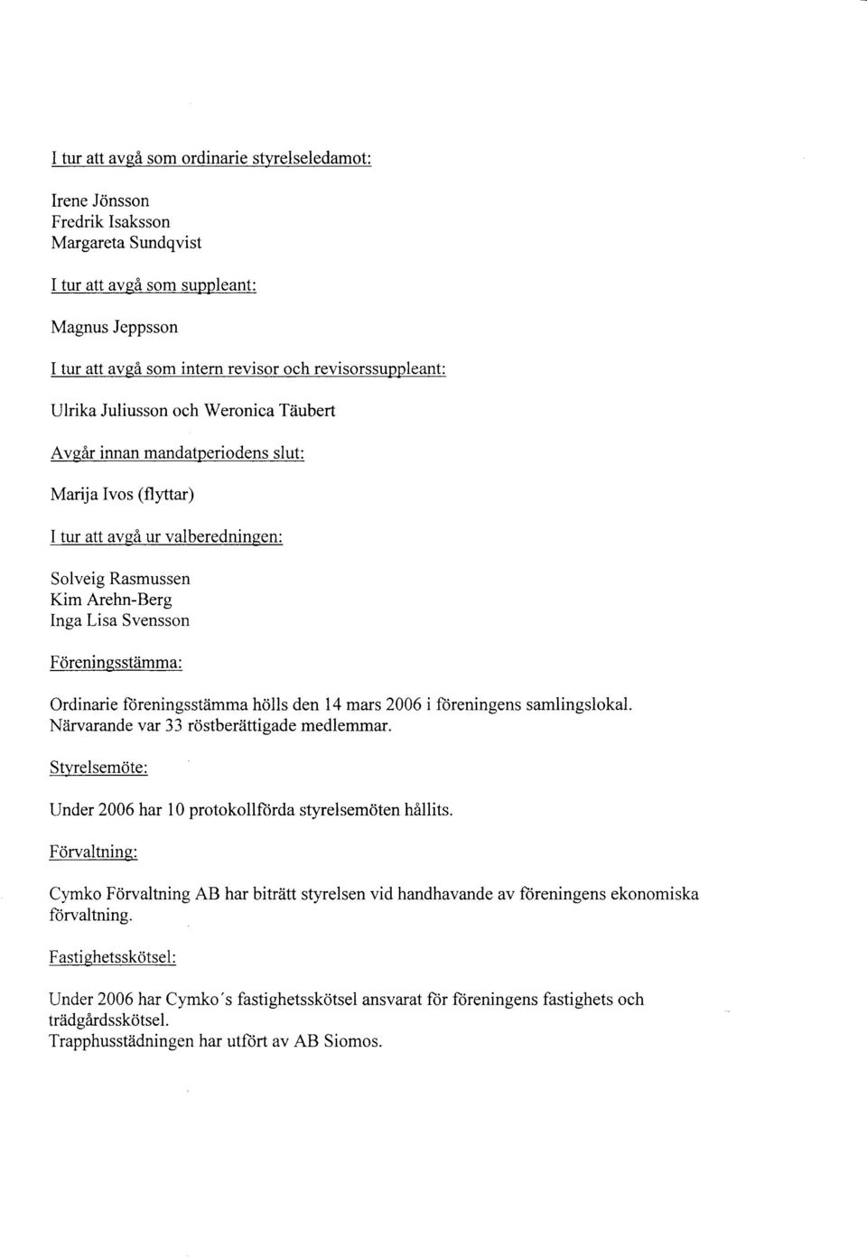 Föreningsstämma: Ordinarie föreningsstämma hölls den 14 mars 2006 i föreningens samlingslokal. Närvarande var 33 röstberättigade medlemmar.