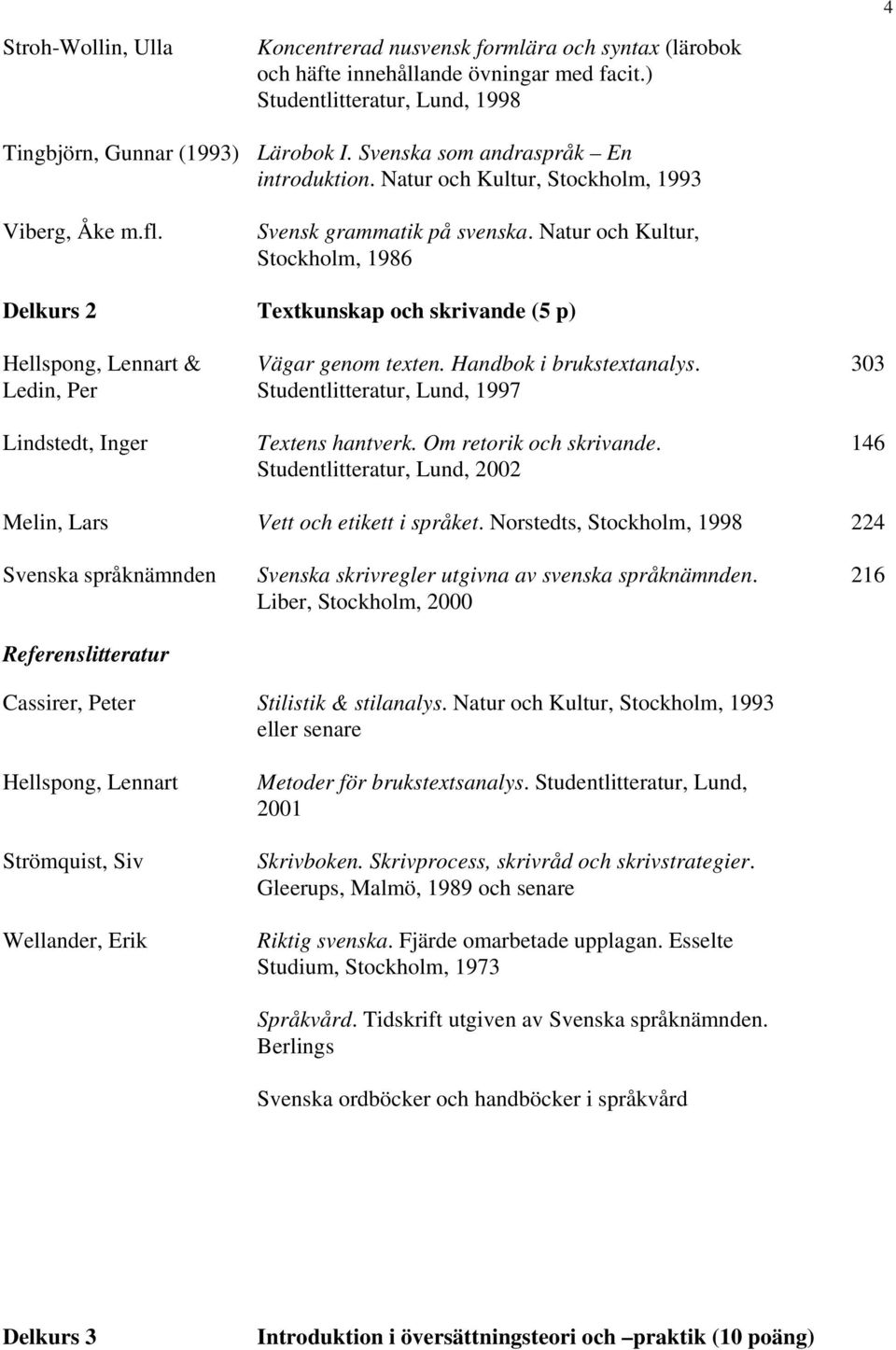Natur och Kultur, Stockholm, 1986 Delkurs 2 Textkunskap och skrivande (5 p) Hellspong, Lennart & Ledin, Per Lindstedt, Inger Vägar genom texten. Handbok i brukstextanalys.