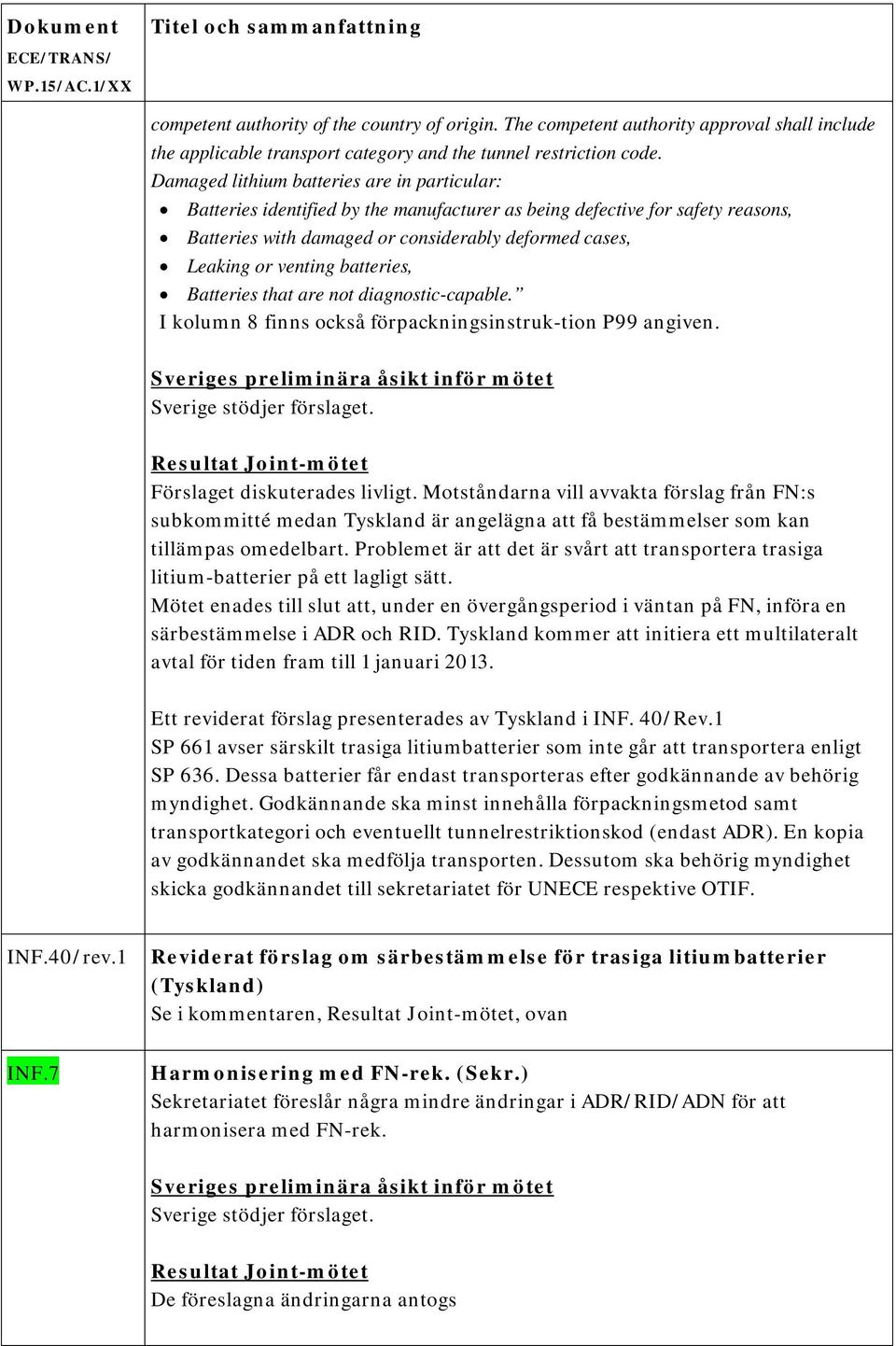 batteries, Batteries that are not diagnostic-capable. I kolumn 8 finns också förpackningsinstruk-tion P99 angiven. Förslaget diskuterades livligt.