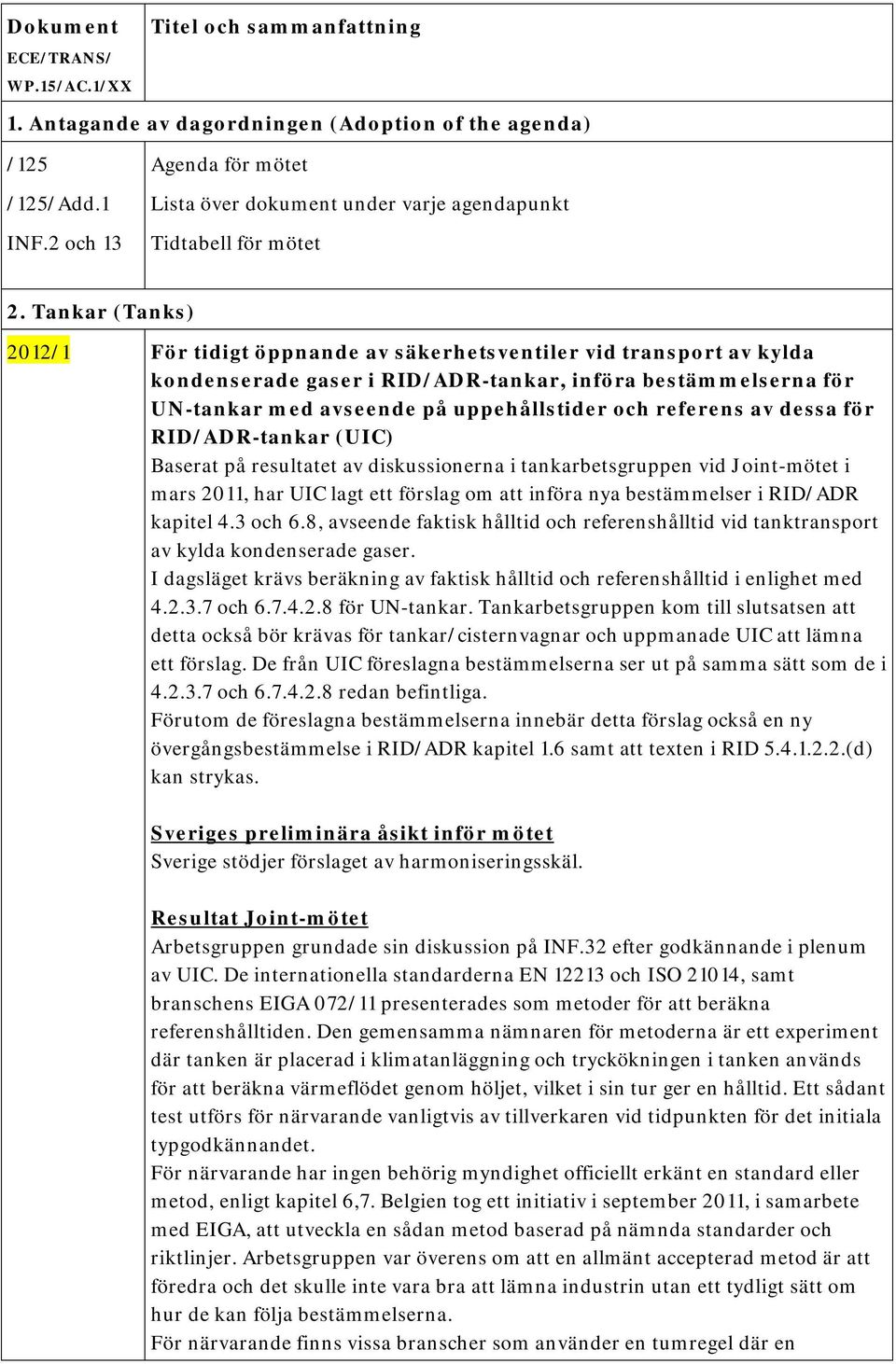 referens av dessa för RID/ADR-tankar (UIC) Baserat på resultatet av diskussionerna i tankarbetsgruppen vid Joint-mötet i mars 2011, har UIC lagt ett förslag om att införa nya bestämmelser i RID/ADR
